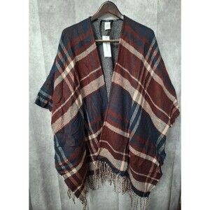 NEW Liz Claiborne Plaid Shawl Wrap Kimono One Size Fringe Boho Western Casual